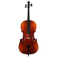 Vianna Cello: Slightly flamed back and sides. Select seasoned woods, graduated, solid spruce top, maple back and sides. Full ebony trim, inlaid purfling, 2 Wittner string adjusters, Wittner tailpiece adjuster. Exceeds MENC specifications. Made in Romania.  Sizes 4/4, 3/4, 1/2 VC-110-1